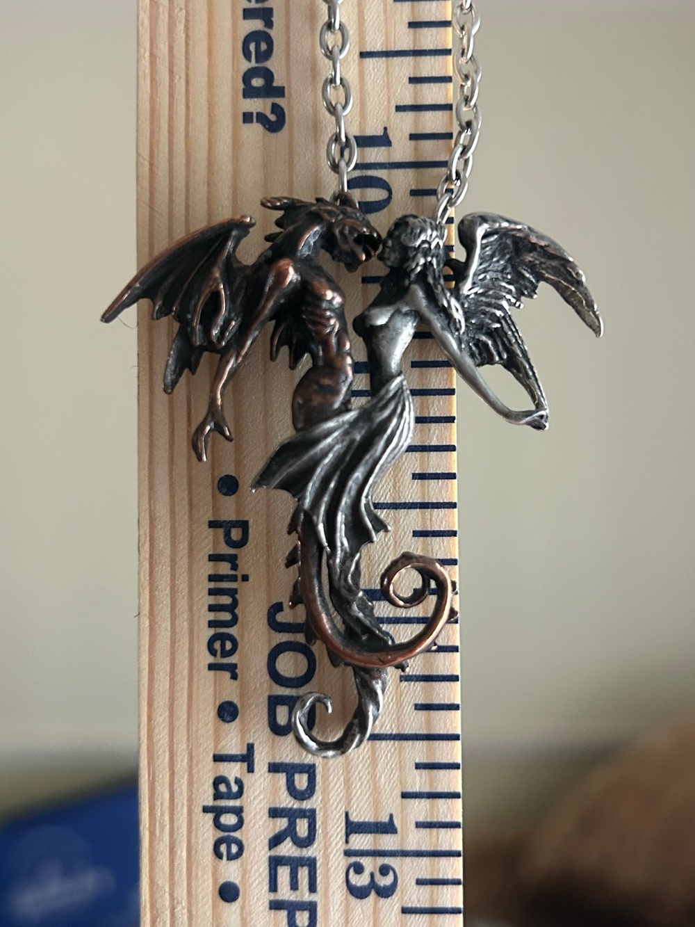 ANGEL & DRAGON DUAL PENDANT 2.5” and 10.5” Necklace Two-Tone Silver & Bronze - Picture 10 of 15